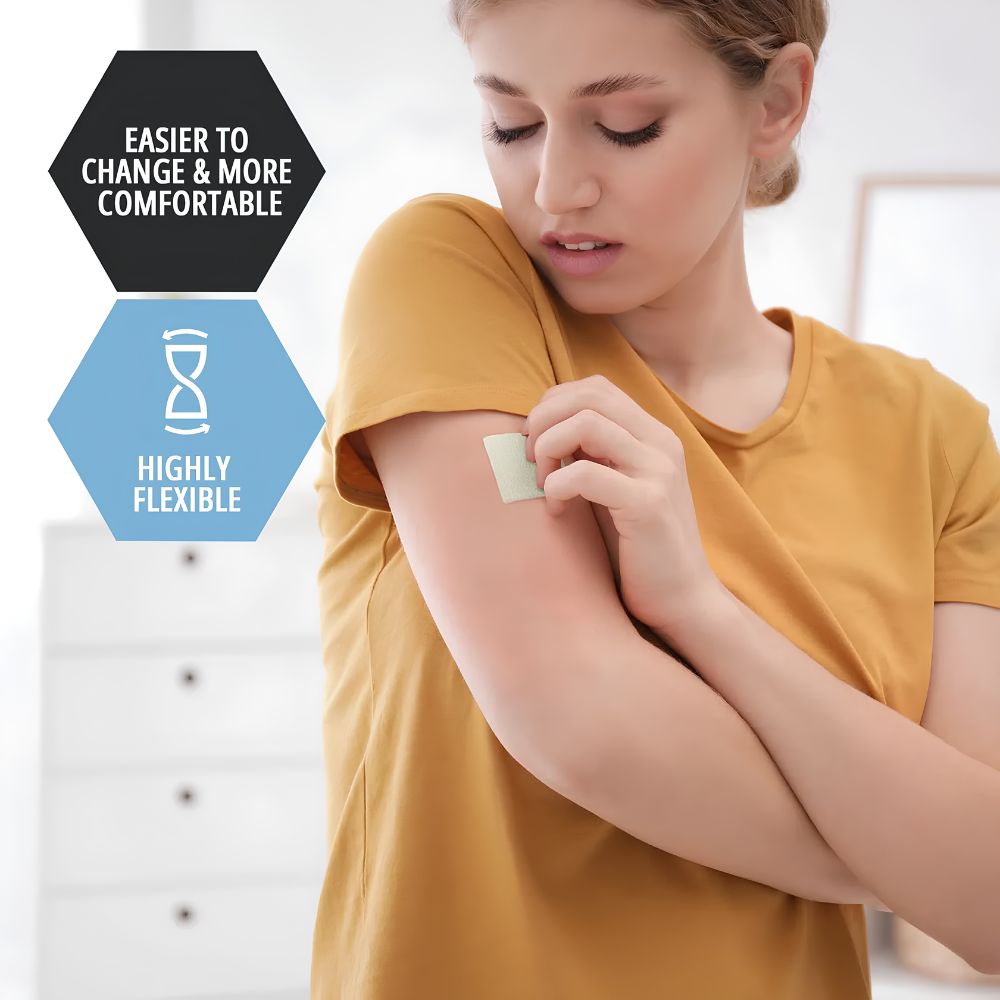 A person in a yellow shirt applies Shield Line’s MedPride Calcium Alginate Dressing Pads (2"x2”, 4.25"x4.25", or 4"x8”) to their upper arm. Text reads: Easier to change, more comfortable, highly flexible—ideal for advanced wound healing.