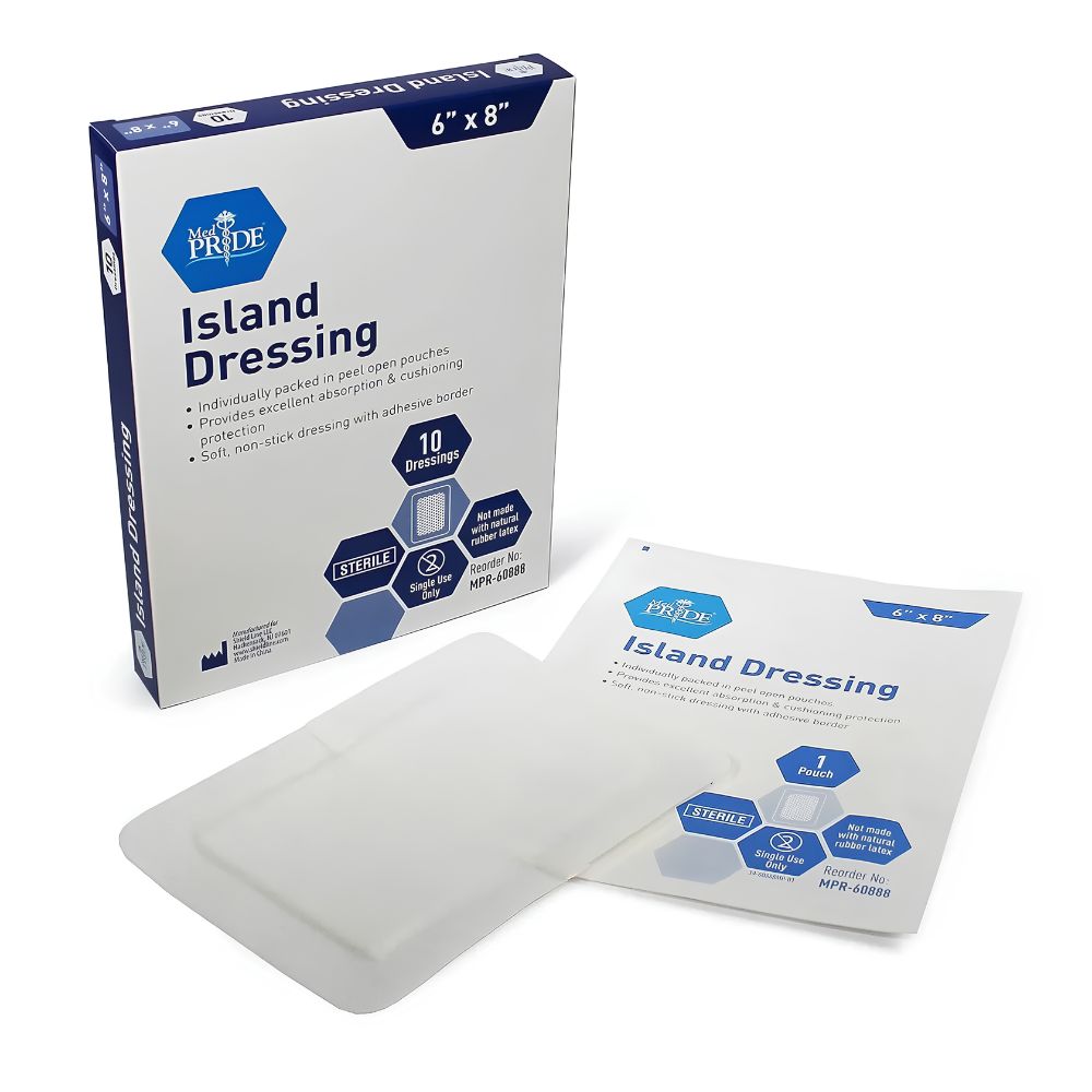 A box of Shield Line Medpride Gauze Island Dressing contains ten sterile, adhesive wound dressings (6”x8”). Each white, rectangular, non-stick pad is packaged separately for wound care, with packaging displayed beside the box.