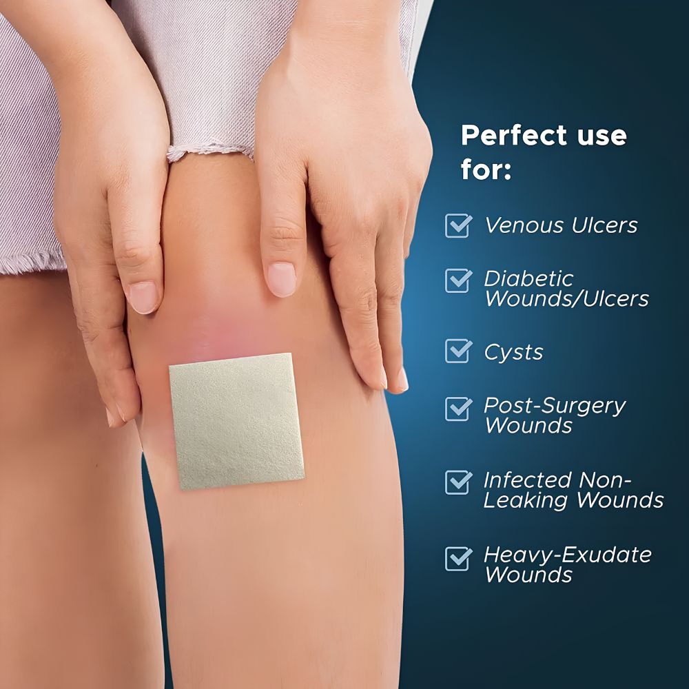 A person applies a Shield Line MedPride Silver Calcium Alginate Dressing (2"x2", 4"x5", or 4"x8") to their red, irritated knee; it’s made for venous/diabetic ulcers, cysts, surgical wounds, infected non-leaking wounds, and heavy-exudate wounds.