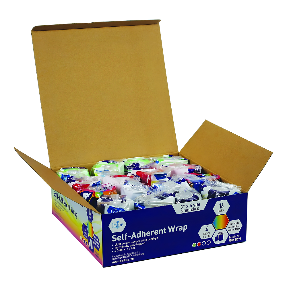 An open box of Shield Line Medpride Self-Adherent Wrap, Rainbow assortment, 2"x5 yds. & 3"x5 yds., latex-free, with product details on the box and containing 16 individually wrapped rolls of colorful cohesive bandages inside.
