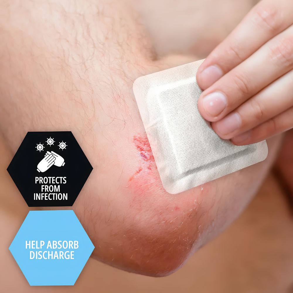 A person applies a Shield Line Medpride Waterproof Adhesive Border Foam Wound Dressing to a red, irritated elbow wound. Hexagons show benefits: advanced protection from infection and absorption of discharge.