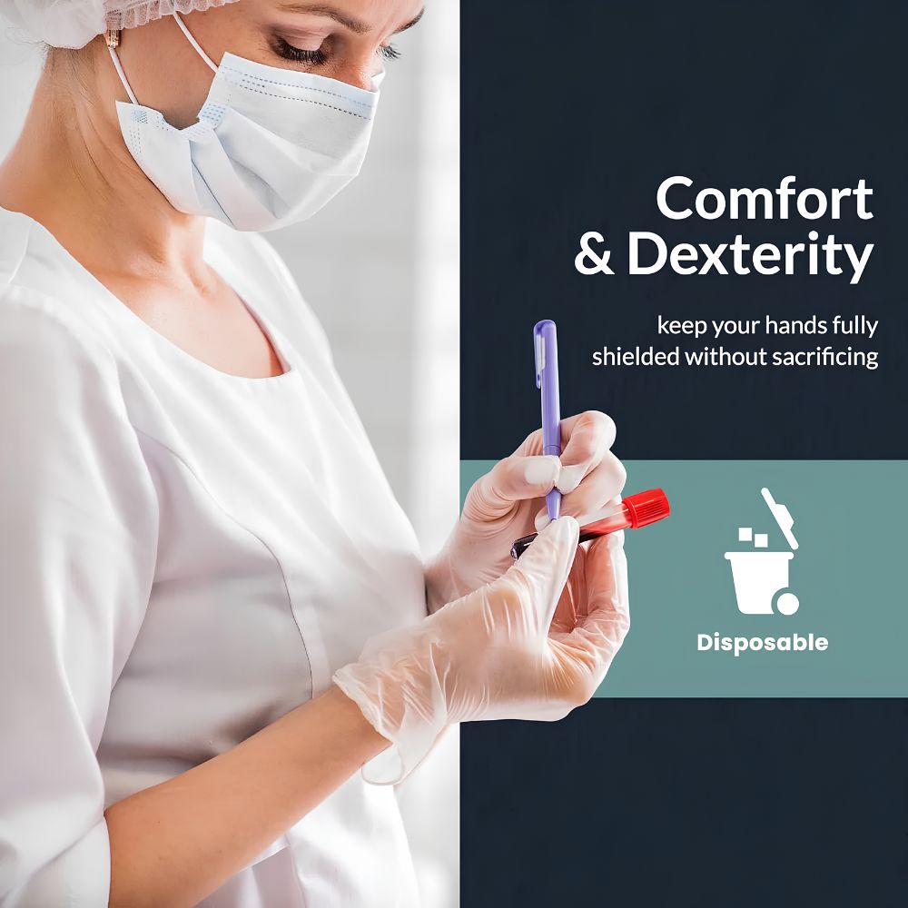 A healthcare worker in a mask uses Shield Line MedPride Vinyl Exam Gloves 4 Mil, Non-Sterile & Powder Free, to handle a blood sample. Text: Comfort & dexterity—shield hands without sacrifice. Icons: Disposable, latex-free gloves.