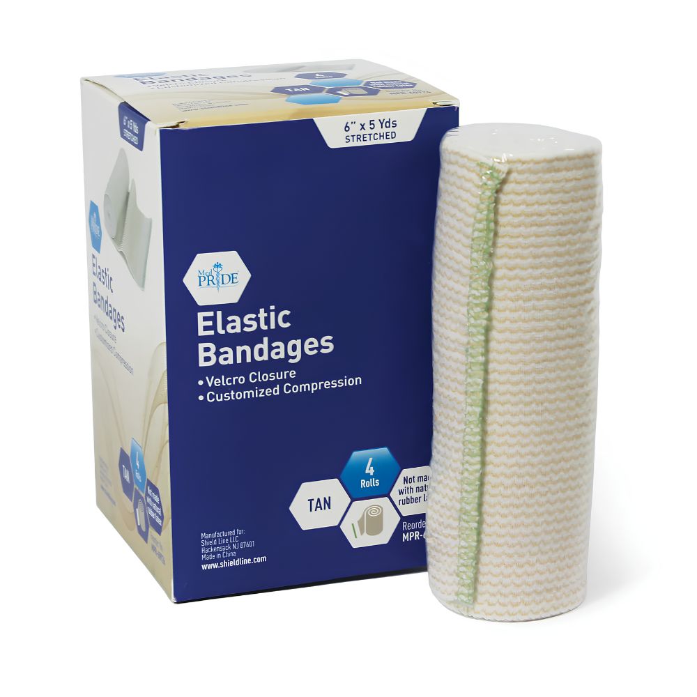 A Shield Line box labeled MedPride Elastic Bandages, Tan, with one rolled bandage beside it. The box notes Velcro closure for secure fit and custom compression; contains 4 rolls in sizes 2"x5 yds, 3"x5 yds, 4"x5 yds, and 6"x5 yds.