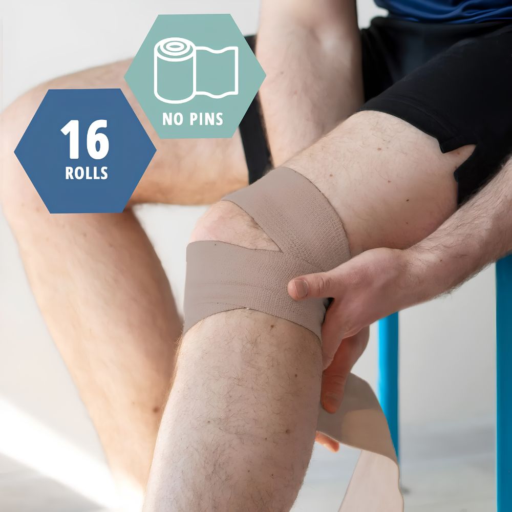 A person wraps a Shield Line Medpride Self-Adherent Wrap (16 rolls, tan, latex free) around their knee. Icons highlight 16 rolls and no pins needed. The athletic flex tape keeps the bandage secure as they sit on a blue chair.