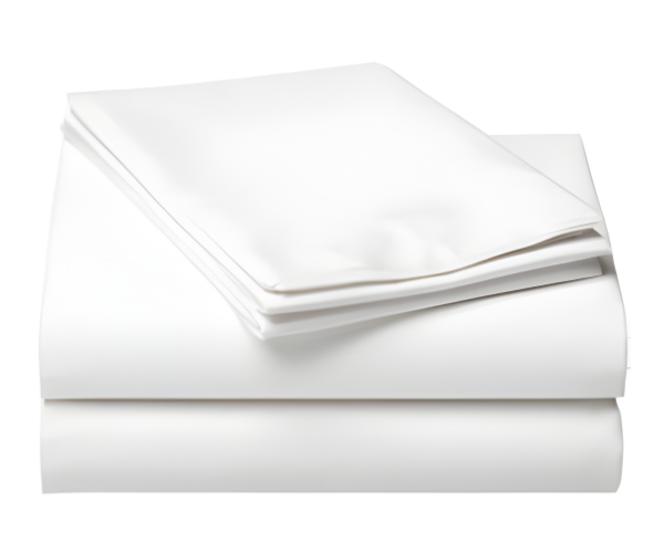 A neatly folded stack of Manhattan Hosiery Co. Flat Sheet 54x90 T130 lies on a white surface, with one sheet partly covering the rest—ideal for hotel bedding.