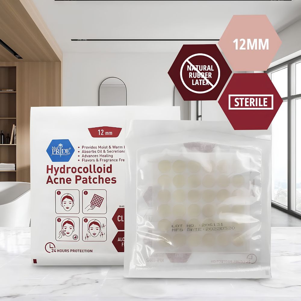Two packs of Shield Line Medpride Hydrocolloid Acne Patches (12mm, alcohol-free, sterile) for face and body are shown on a table, highlighting 24-hour protection for acne treatment.