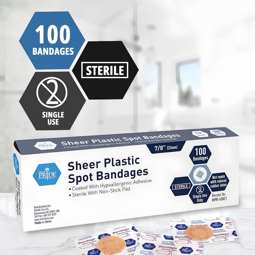 Box of Shield Line MedPride Sheer Spot Adhesive Bandages, 7/8” sterile small round bandages with non-stick pad (100 count). Individual sterile bandages and wrappers are shown up close for convenient wound protection.