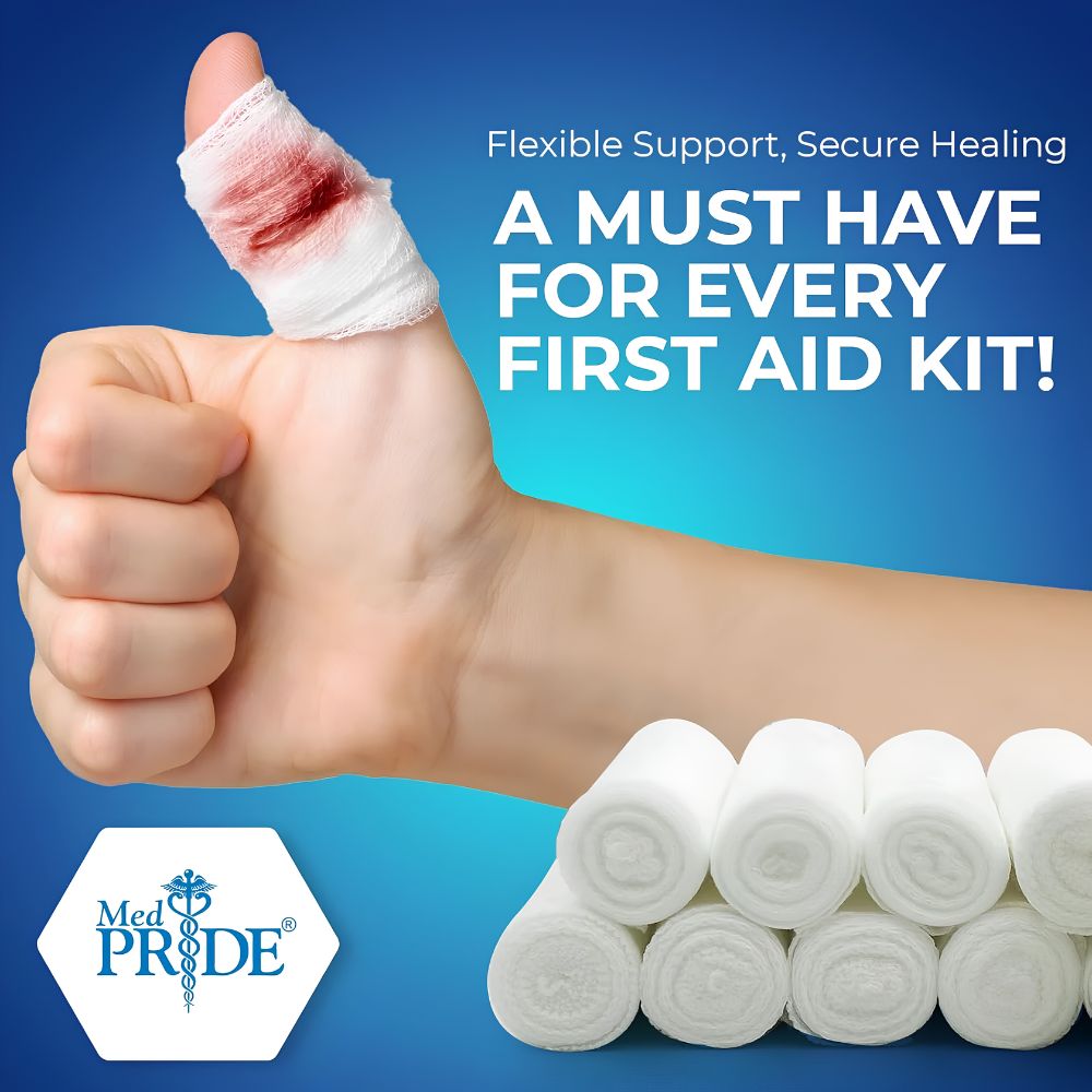 A hand gives a thumbs up with a gauze-wrapped, bloodstained thumb. Text reads: Essential wound care! Flexible, secure healing. Shield Line MedPride Conforming Stretch Gauze Bandage Roll – Non-Sterile is shown with logo visible.