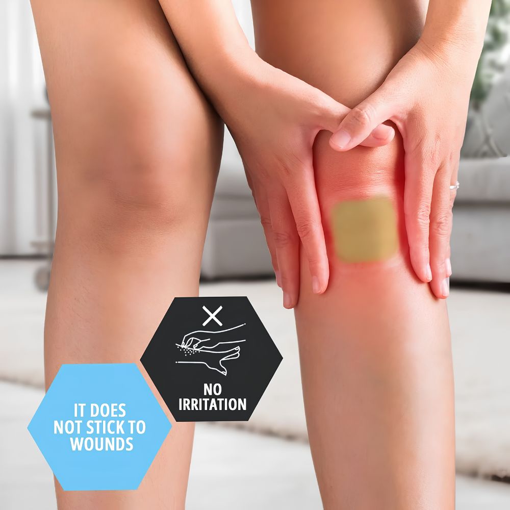 A person holds their red, swollen knee with a large Shield Line Medpride Hydrocolloid Wound Dressing Pad covering the kneecap. Icons read "Does not stick to wounds" and "No irritation," highlighting advanced care with sterile adhesive patches.