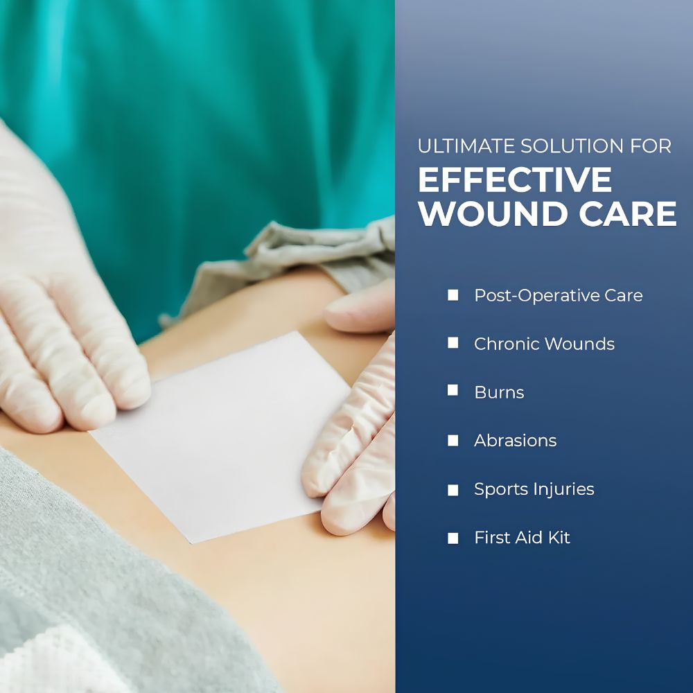 A gloved hand applies a Shield Line MedPride Sterile Non-Adherent Pad—highly absorbent, non-stick wound dressing perfect for post-op care, burns, abrasions, sports injuries, and first aid kits. Available in 2"x3", 3"x4", and 3"x8" sizes.