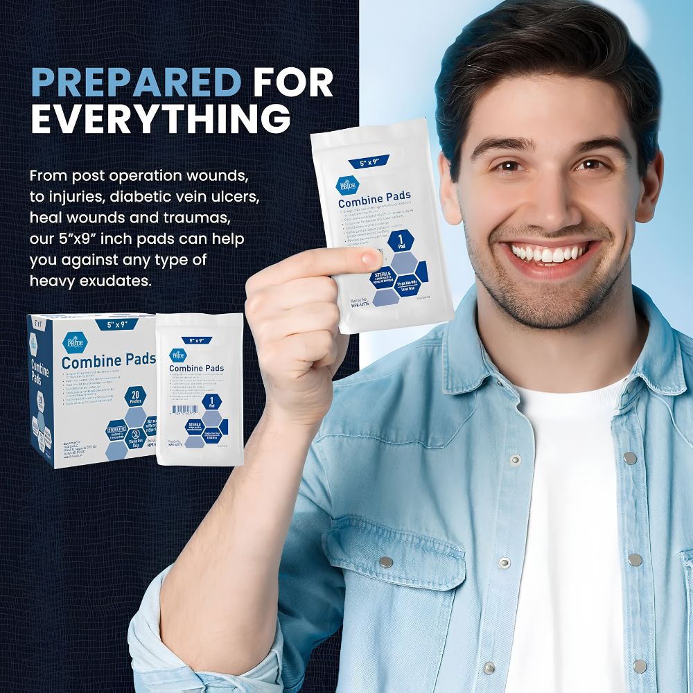 A smiling man holds a Shield Line MedPride Sterile Abdominal - ABD Combine Pad box (5"x9"|8"x10"), shown for use as a sterile dressing for wounds, diabetic ulcers, and heavy drainage. The product package appears in the bottom left corner.