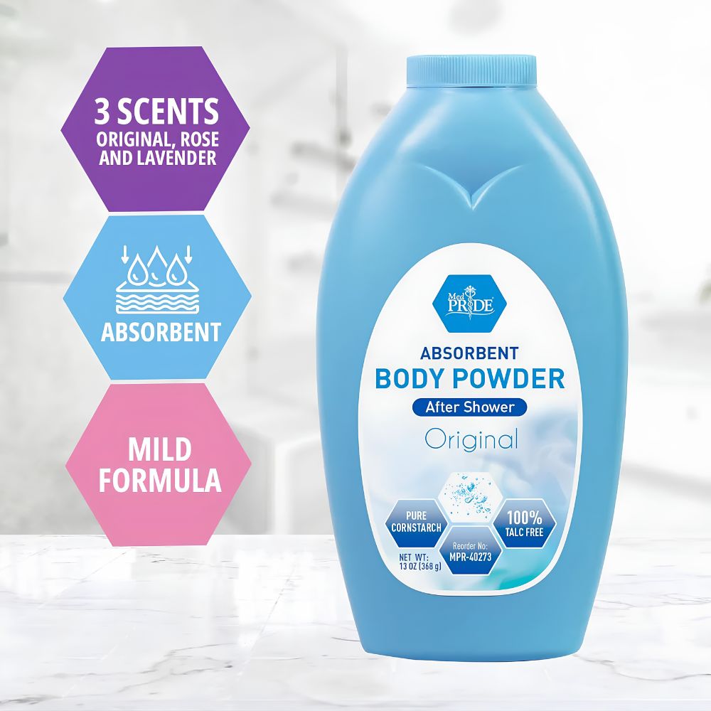 A blue bottle of Shield Line MedPride Body Powder w/seal (13 oz) sits on a counter. The label highlights 3 scents—Original, Rose, Lavender—and promotes gentle protection for delicate skin with its mild, absorbent formula.