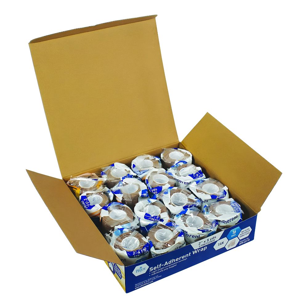 An open Shield Line Medpride Self-Adherent Wrap box displays 16 latex-free athletic flex tape rolls (tan, 3"x5yds & 2"x5yds), each individually wrapped with blue and white labels, neatly arranged inside.