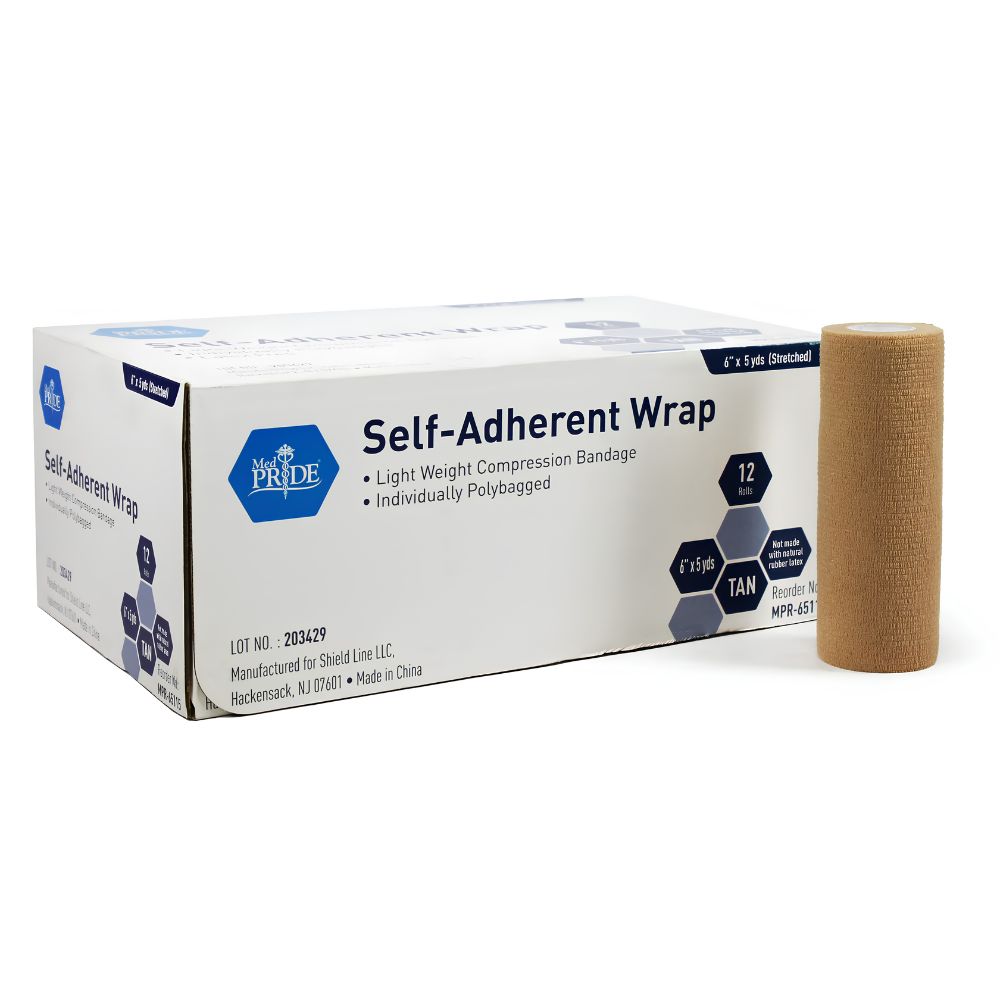 A Shield Line Medpride Self-Adherent Wrap box (latex-free, tan) sits next to a roll; the box includes 12 lightweight, individually polybagged cohesive compression bandages (1" x 5 yds), ideal for wound care.