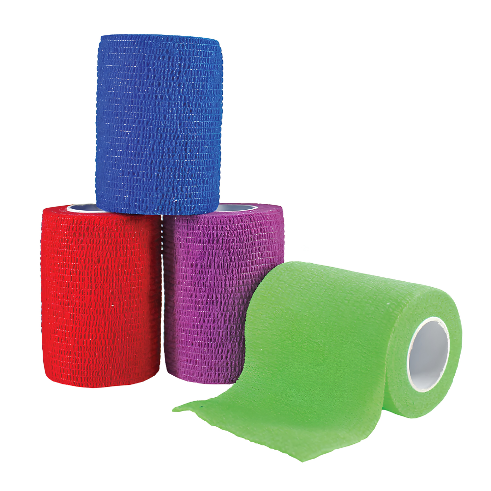Shield Line Medpride Self-Adherent Wraps in rainbow colors (2", 3", 4", 6" x 5 yds, latex-free) are shown stacked together, with the green roll partially unrolled in front.