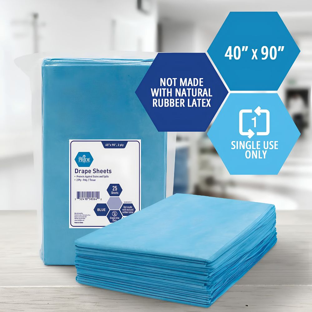 A stack of MedPride Disposable Drape Sheets by Shield Line in blue & white packaging. Label reads 40 x 90 cm, Not made with natural rubber latex, Single use only. Pack contains 25 count—ideal for hygienic protection in any setting.