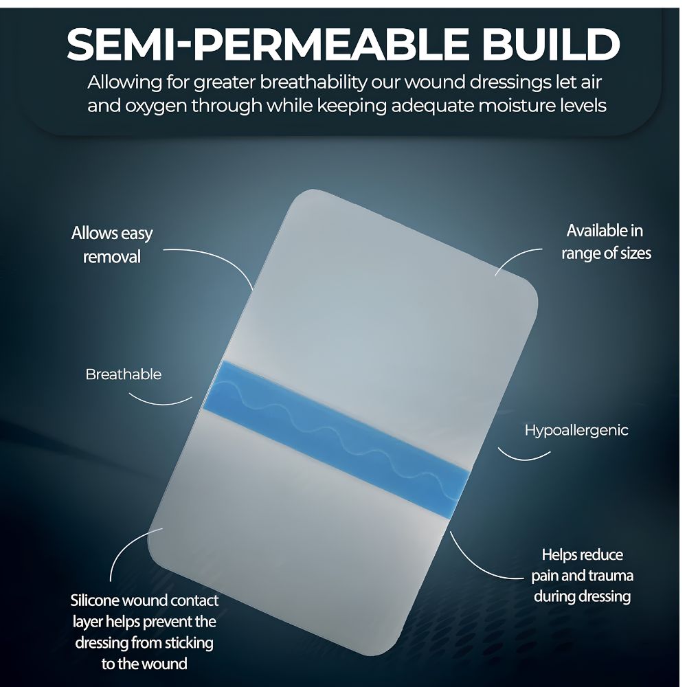 The MedPride Transparent Film by Shield Line is a rectangular, waterproof wound dressing (4’’x5’’, 6’’x8’’) with a blue center line. It features breathability, easy removal, hypoallergenic and pain-reducing silicone layer, non-stick surface, and various sizes.
