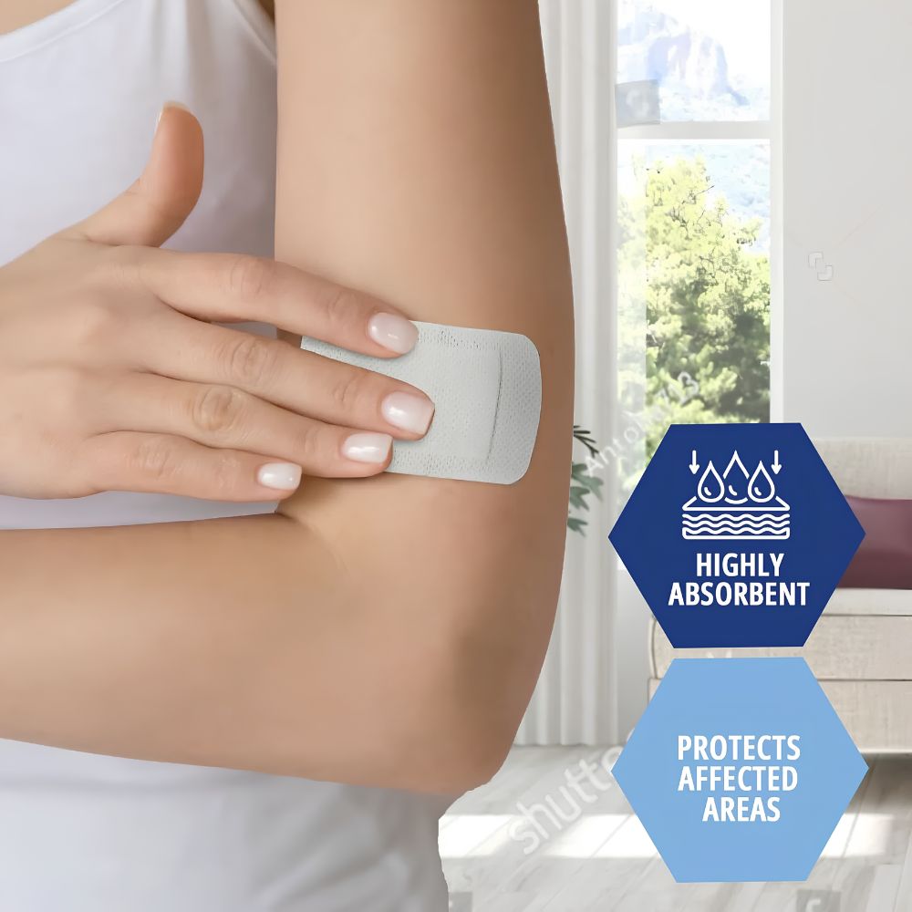 A person applies a Shield Line Medpride Gauze Island Dressing (adhesive, non-stick pad, sterile, 2"x3.5" to 6”x8”) to their upper arm. Icons read “Highly absorbent” and “Protects affected areas.” Trees are visible through a window behind them.