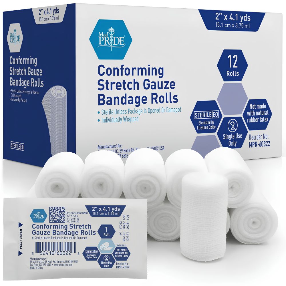 A box labeled Shield Line MedPride Conforming Stretch Gauze Bandage Roll contains 12 sterile rolls, plus several white bandages and one individually wrapped roll in front. Packaging is white and blue—perfect for wound care.