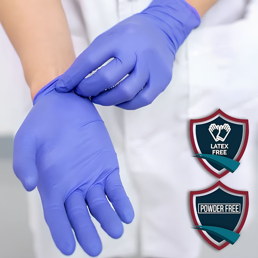 A person in a white coat is putting on blue Shield Line MedPride Nitrile Exam Gloves, which are powder-free, latex-free, non-sterile, 4 mil thick.