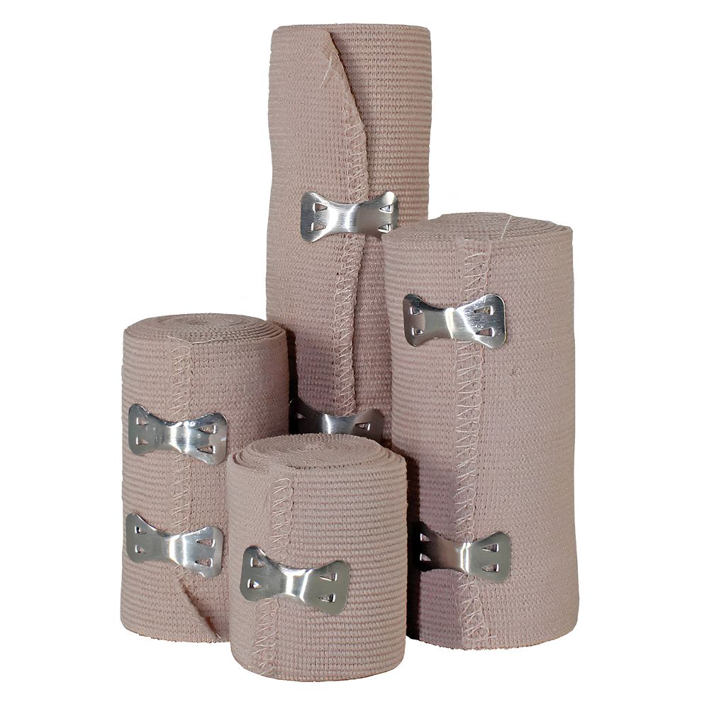 Four Shield Line MedPride Non-Sterile Elastic Bandages with Clips in 2", 3", 4" & 6" sizes stand upright, offering essential compression support for first aid use against a plain white background.
