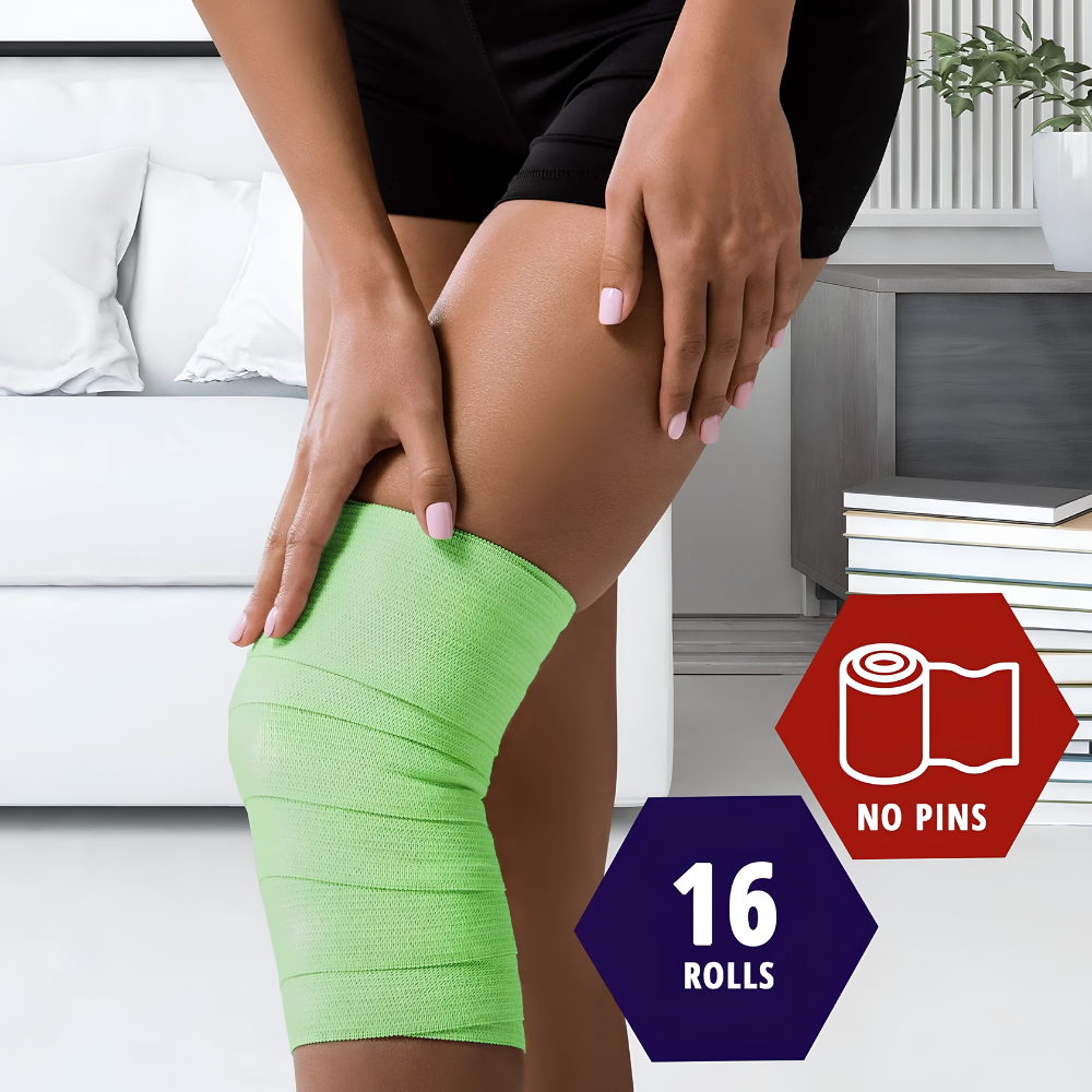 In a living room, someone wraps Shield Line’s Medpride Self-Adherent Wrap (rainbow, latex-free, 2"x5" yds. & 3"x5" yds.) around their knee—no pins needed; each box includes 16 rolls.