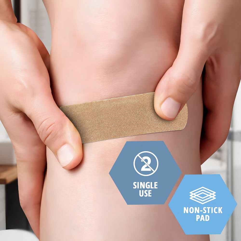 Someone applies a beige Shield Line MedPride Sterile Fabric Adhesive Bandage with hypoallergenic adhesive and a non-stick pad. Two blue hexagons in the bottom right mark "Single Use" and "Non-Stick Pad" with icons.