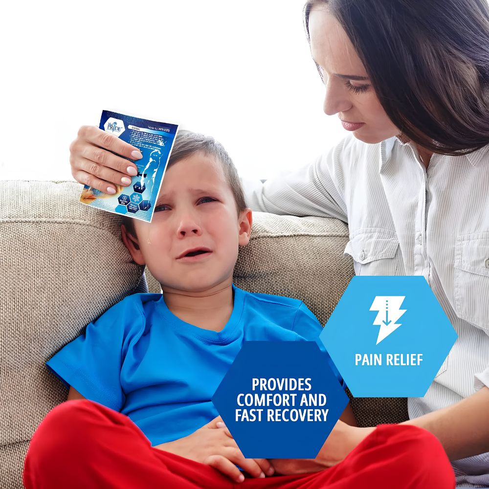 A woman comforts a crying boy on a couch, holding a Shield Line MedPride Instant Cold Pack (5"x6" or 6"x9") to his forehead. Text reads PROVIDES COMFORT AND FAST RECOVERY and PAIN RELIEF with blue icons, showing effective cold therapy.