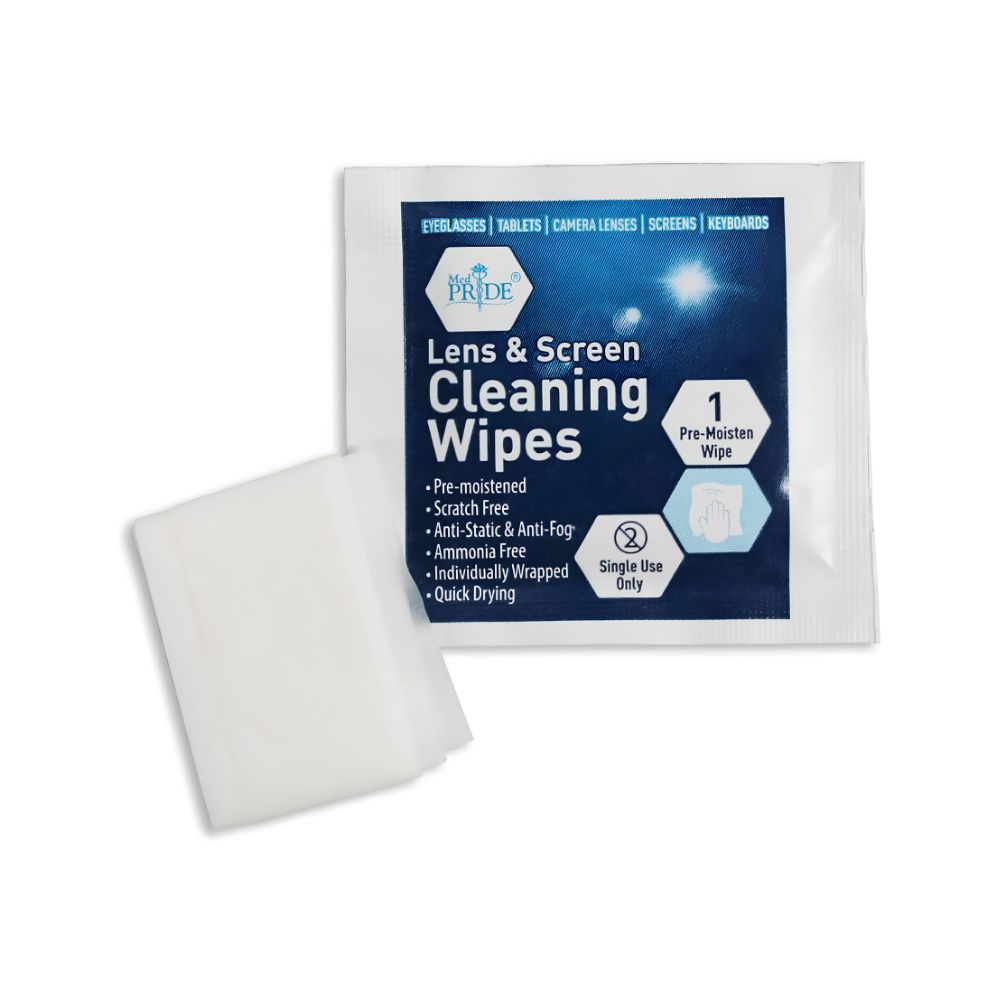A Shield Line MedPride Premoistened Lens Cleaning Wipes packet lies next to an unfolded white wipe. These 6"x5" single-use wipes provide scratch-free, anti-static, and streak-free cleaning for lenses and screens.