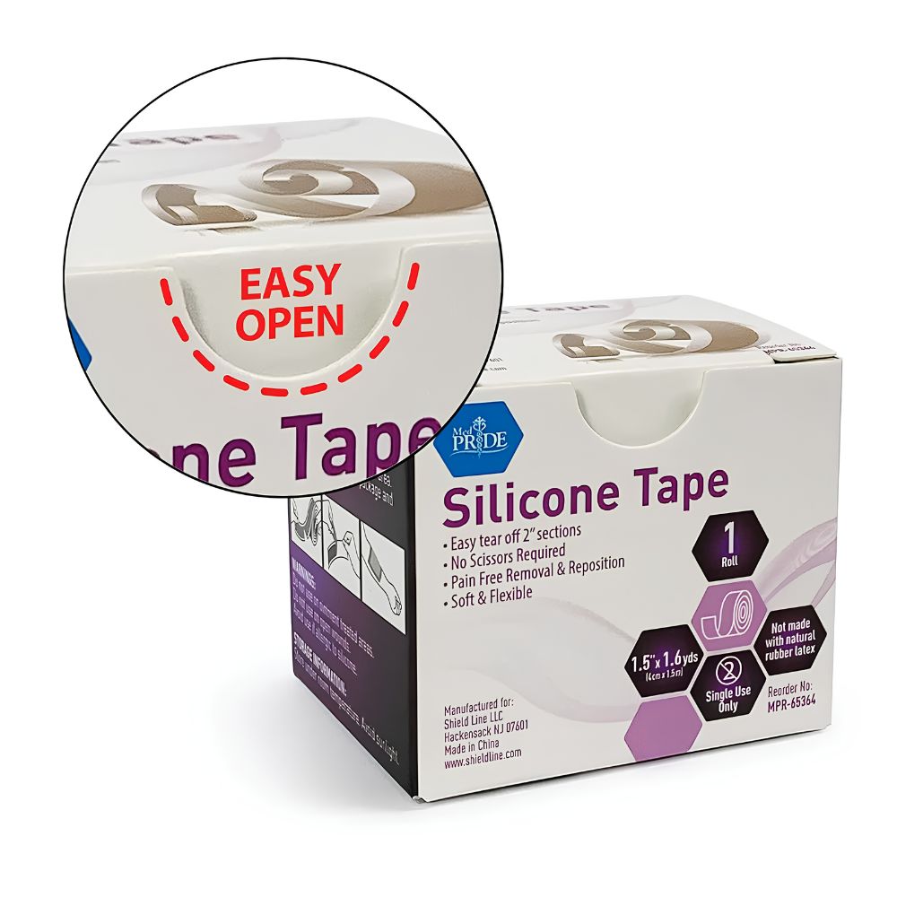 A white box of Shield Line MedPride Easy-Tear Silicone Gel Tape Roll (1.5" x 1.6yds) features a close-up inset of the red EASY OPEN label. This medical tape for sensitive skin is soft, flexible, and easy to tear—no scissors needed.