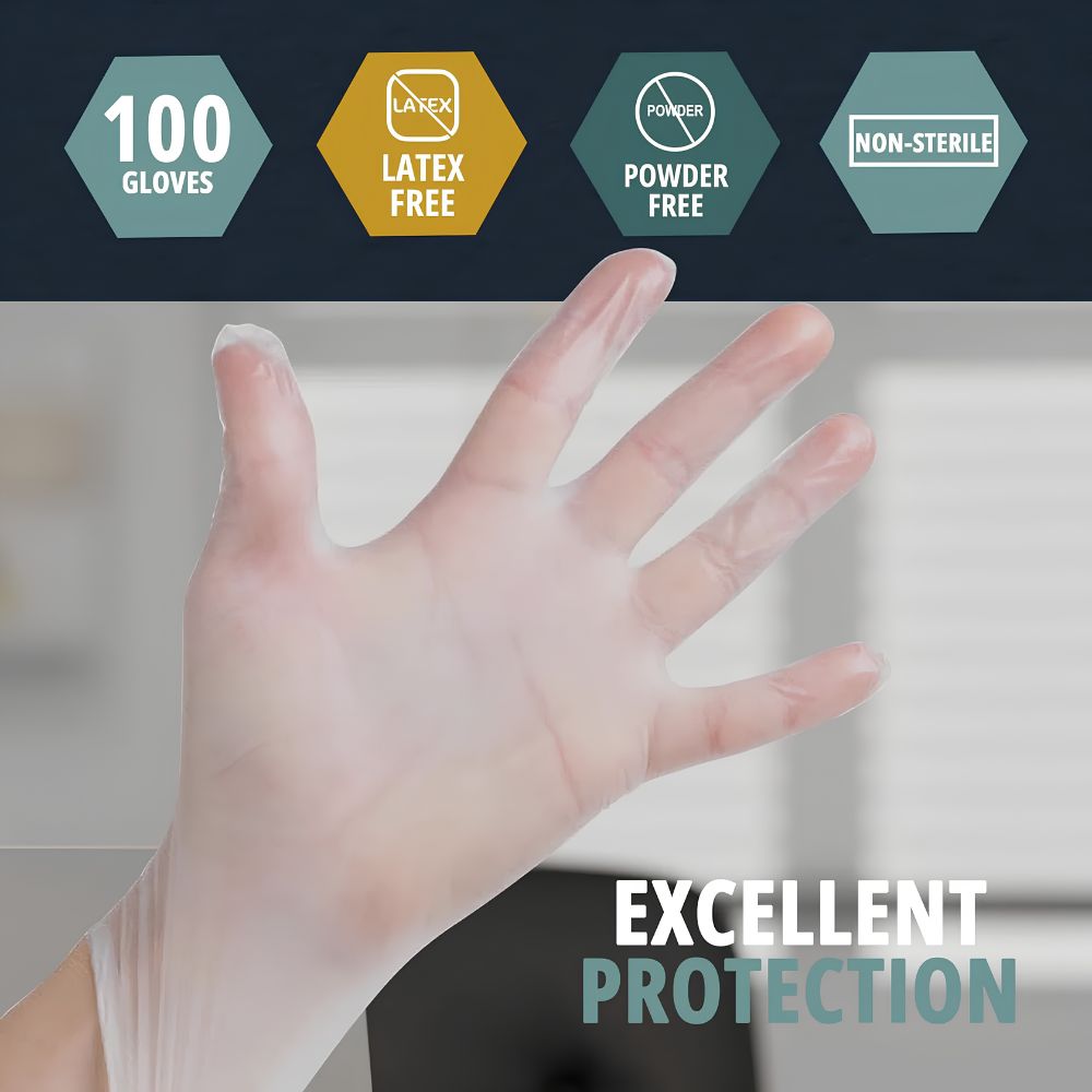 A hand in a transparent glove is shown, with labels above reading: Shield Line MedPride Vinyl Exam Gloves, 100 count, 4 mil thick, latex-free, powder free, non-sterile. Text below states: Excellent Protection.