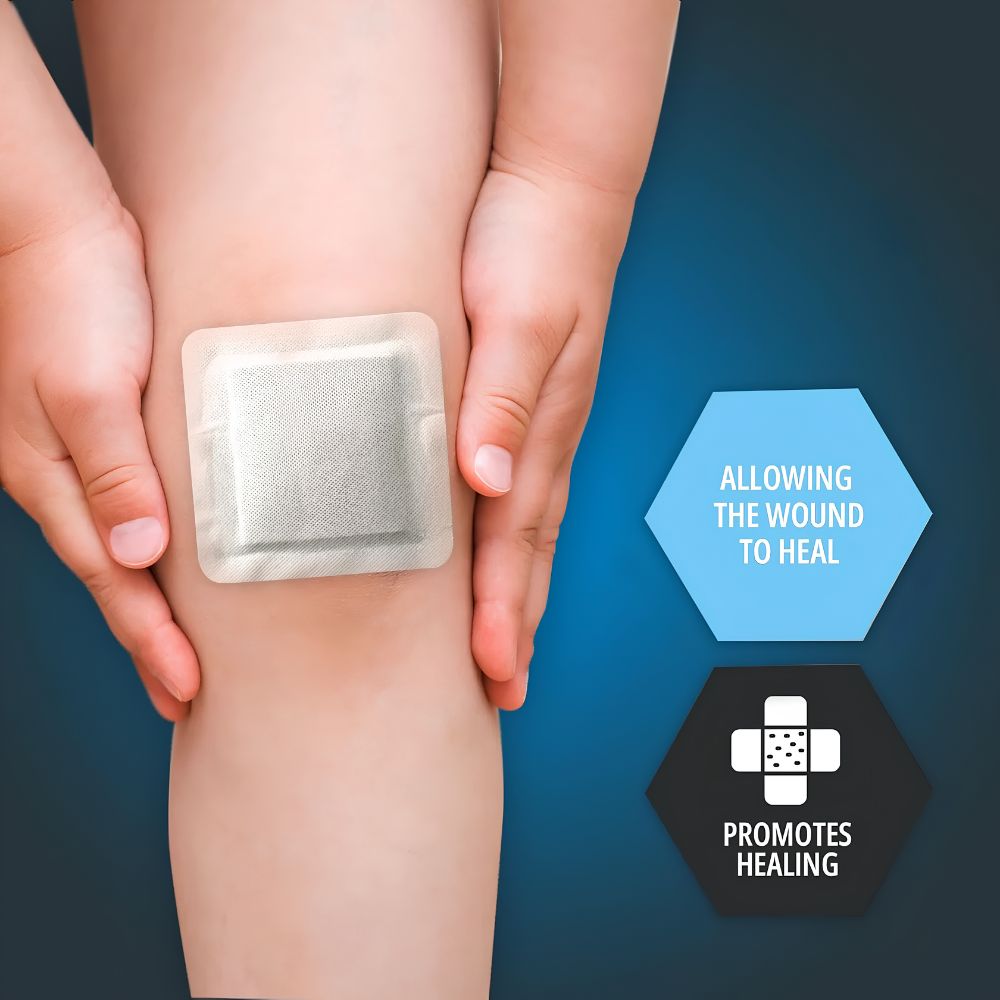 A child’s hands gently touch their knee, covered by a Shield Line Medpride 4" x 4" & 6" x 6" Waterproof Adhesive Border Foam Wound Dressing. Icons nearby state: “Allowing the wound to heal” and “Promotes healing.”.