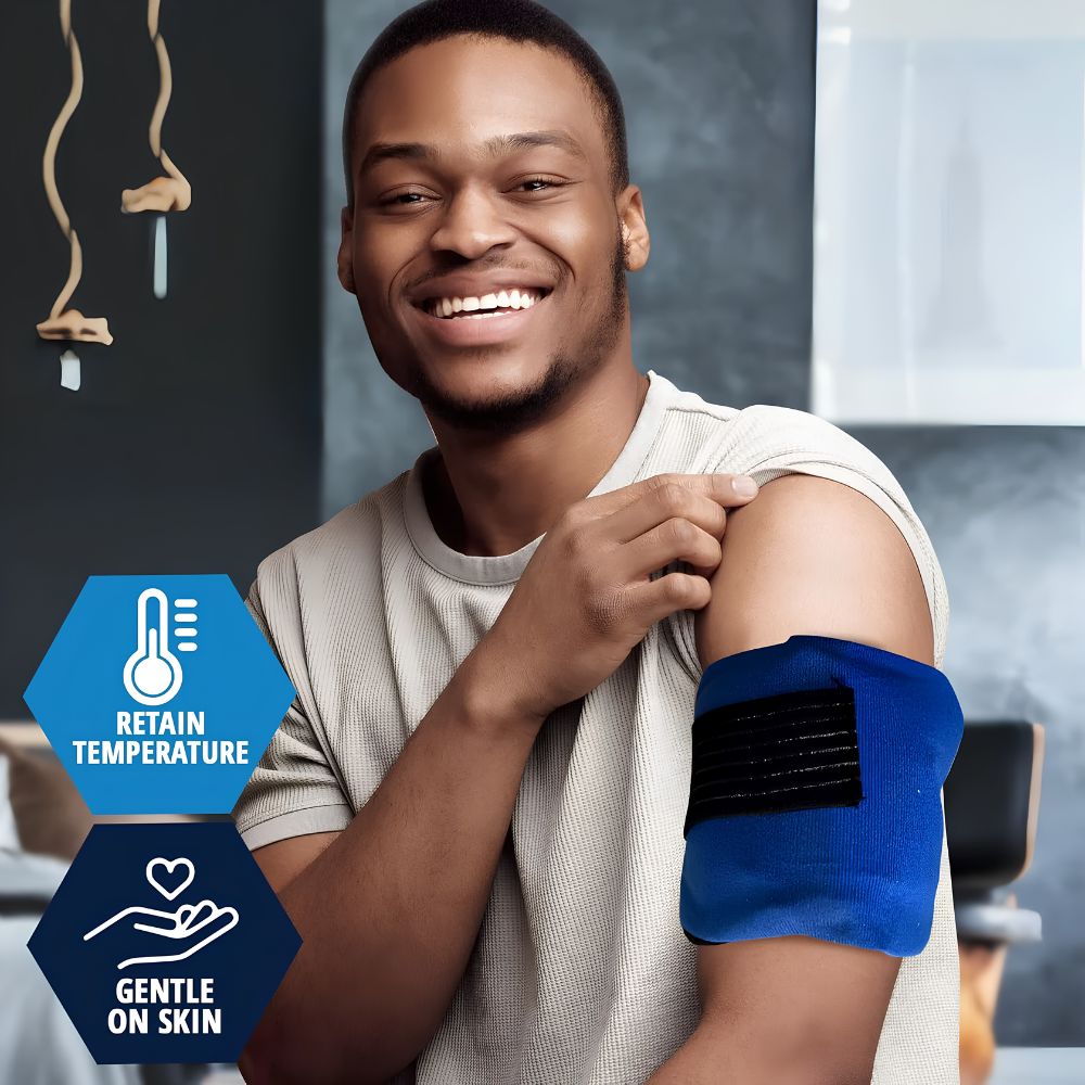 A smiling man in a light shirt uses the Shield Line MedPride Reusable Hot and Cold Packs Set on his upper arm. Icons say “Retain Temperature” with a thermometer and “Gentle on Skin” with a hand and heart for pain relief.