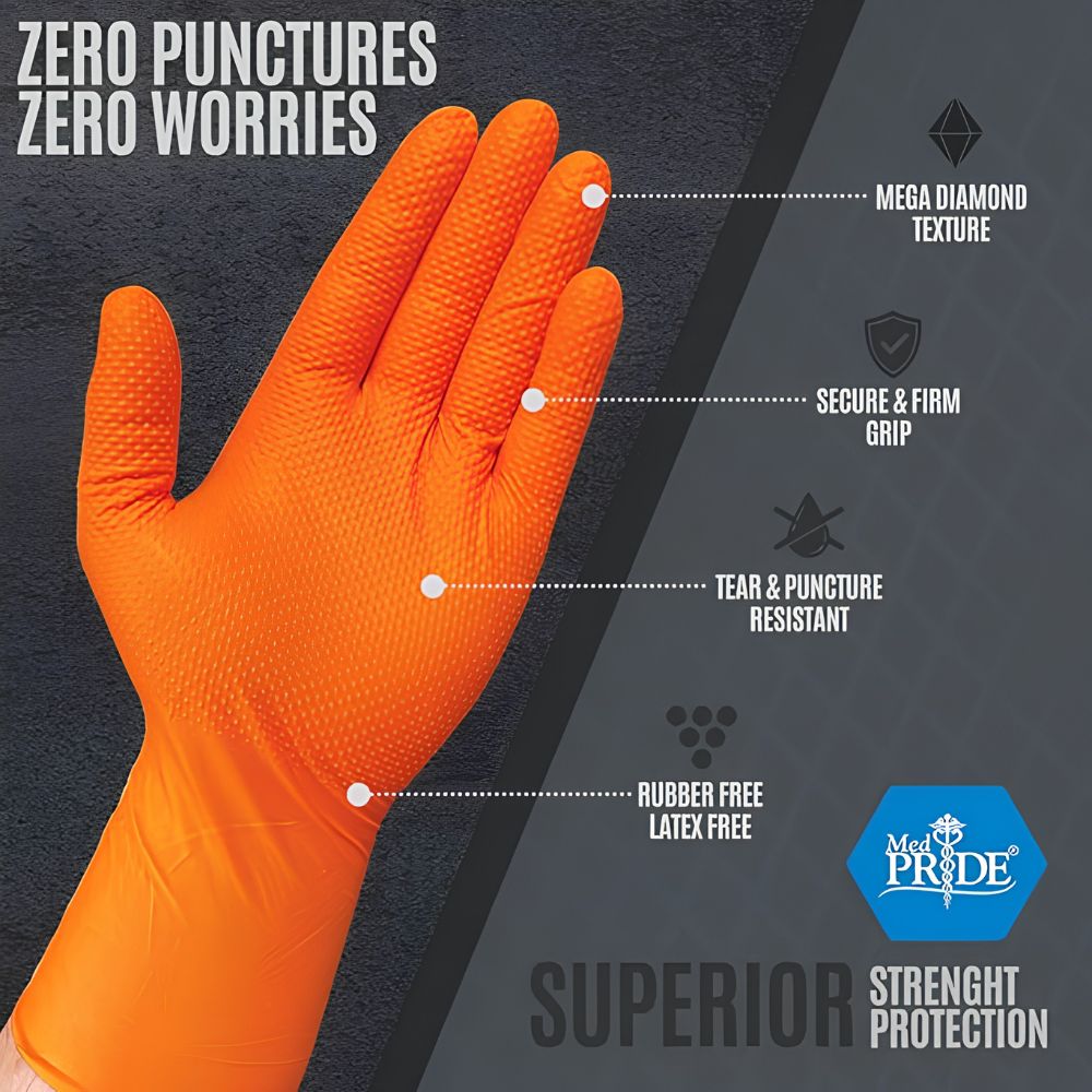 A hand wears Shield Line MedPride Maxx Strength 8 Mil Orange Nitrile Gloves, with features labeled: mega diamond texture, secure grip, tear and puncture resistance, and latex-free. Text: Zero punctures zero worries. Superior heavy-duty protection.
