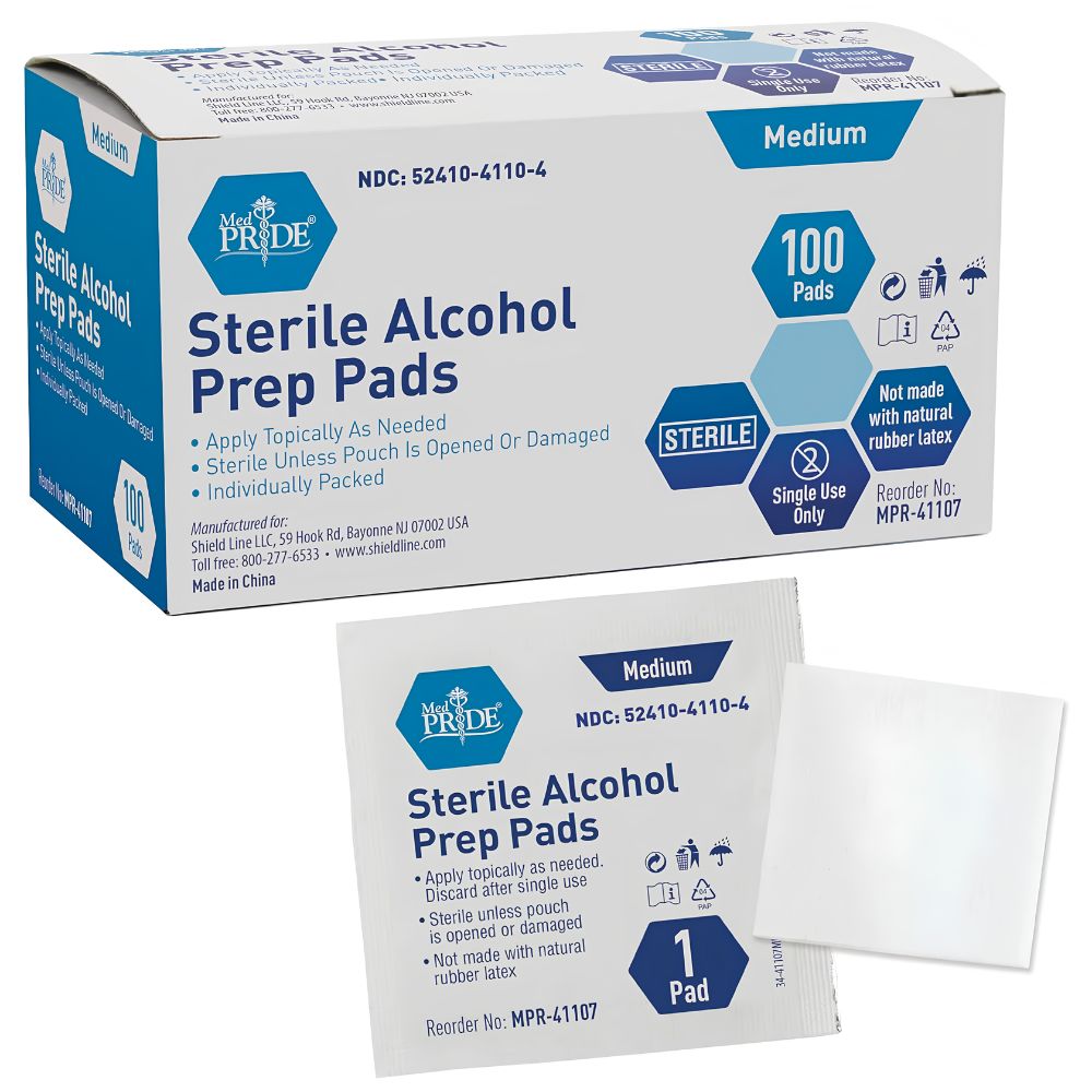 A box labeled Shield Line MedPride Sterile Alcohol Prep Pads contains 100 individually packed, sterile wipes. One sealed and one opened pad are shown in front. The packaging notes medium size and single use only.