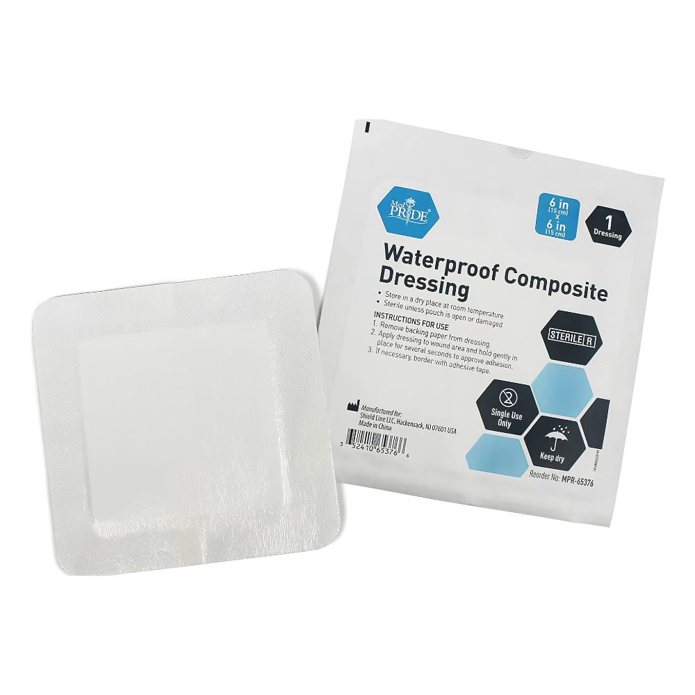 A Shield Line Medpride Waterproof Composite Dressing (6"x6") is displayed beside its packaging, labeled "Sterile, Single Use Only," making it ideal for post-surgical wound care.