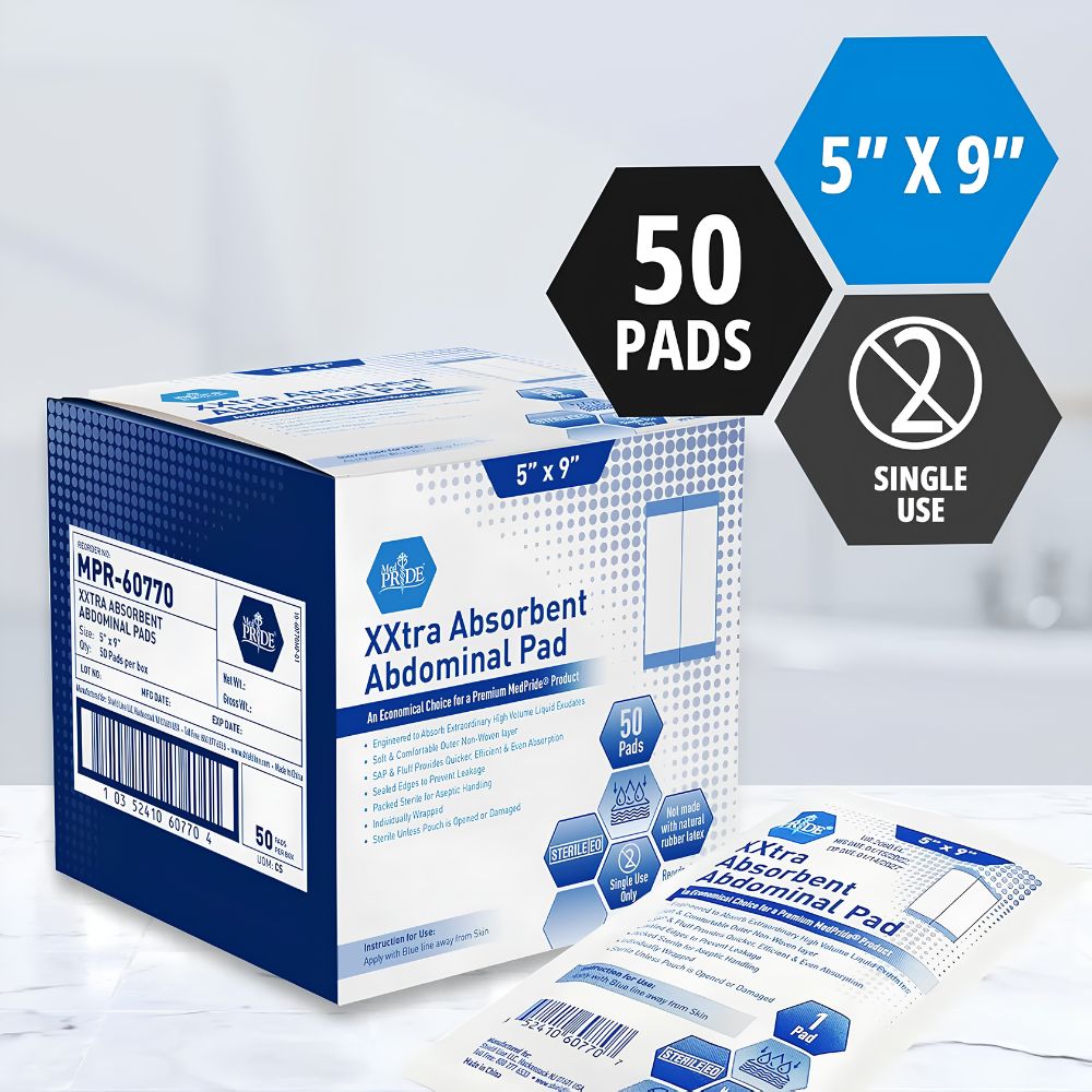 A box labeled “MedPride Extra Absorbent Abdominal Pad - 5x9 - Sterile” by Shield Line stands on a counter, holding 50 sterile single-use pads. A pad is displayed in front for reliable wound care, with a softly blurred background.