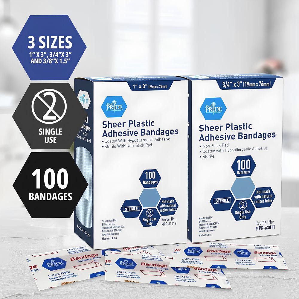 Two boxes of Shield Line MedPride Sheer Strip Adhesive Bandages, each with 100 hypoallergenic, sterile first aid strips in 3/4"x3" and 1"x3" sizes. White and blue packaging; single-use bandages shown on table in individual packets.