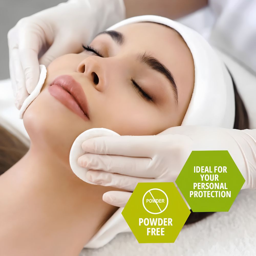 A person receives a facial while someone in Shield Line MedPride Latex Exam Gloves—5 mil thick, non-sterile, powder free—applies cotton pads. Green hexagons read POWDER FREE and IDEAL FOR YOUR PERSONAL PROTECTION.