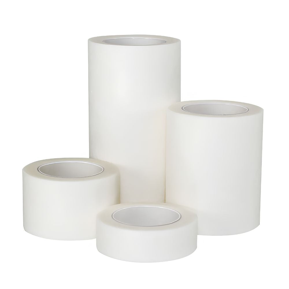 Four rolls of Shield Line MedPride Paper Surgical Tape (1/2", 1", 2", 3" x 10 yds) are arranged together on a plain white background, making them ideal medical tape for sensitive skin.