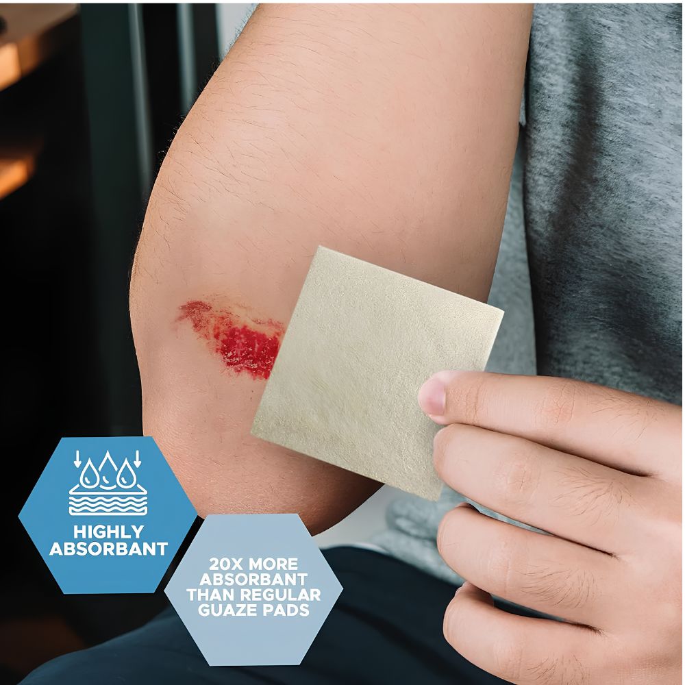 A person holds a Shield Line MedPride Silver Calcium Alginate Dressing near a bleeding elbow scrape. Text highlights the pad as highly absorbent, 20 times more effective than regular gauze, and ideal for advanced wound healing.