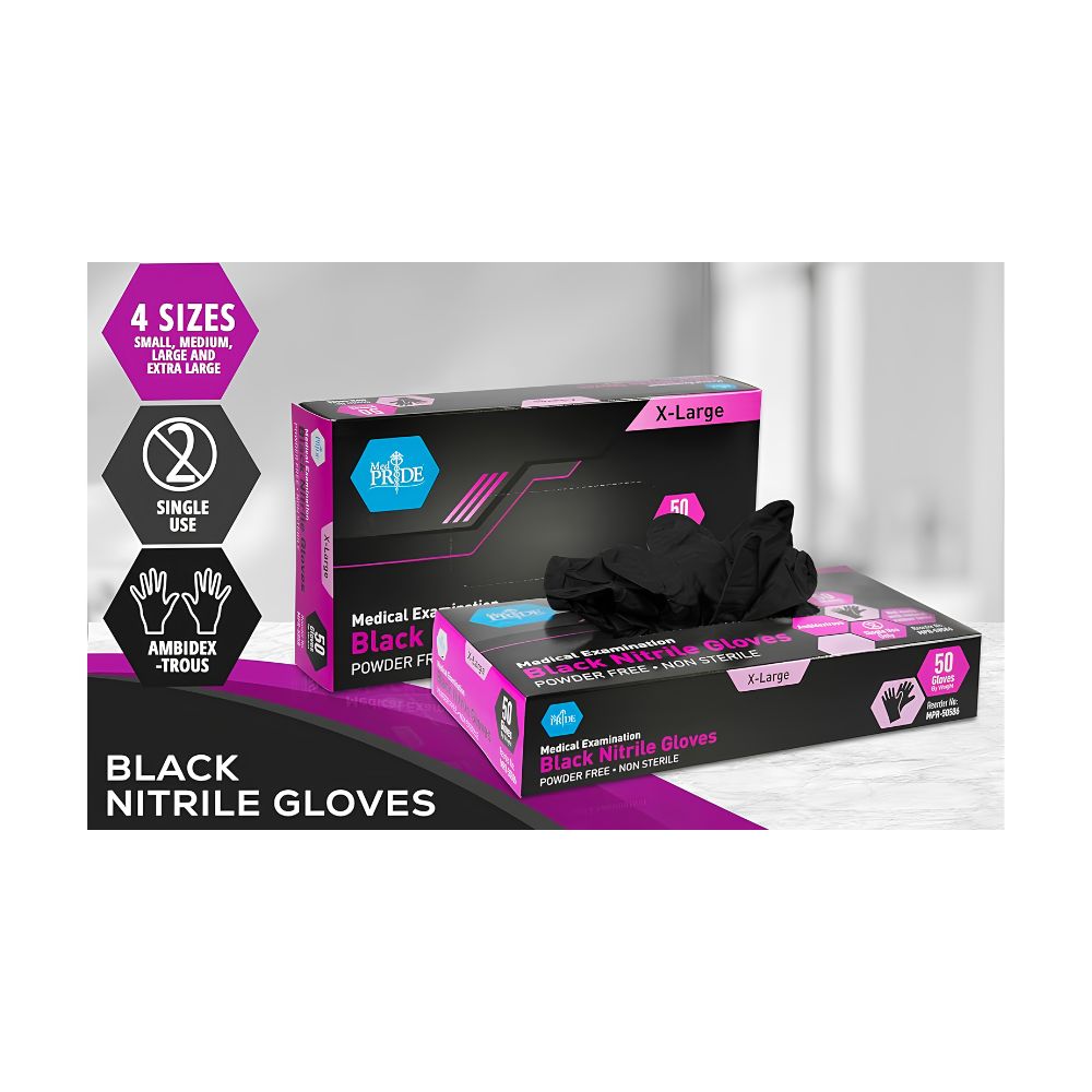 Two boxes of Shield Line MedPride Black Nitrile Exam Gloves Powder Free Non Sterile (4 Mil) are shown, one open with gloves visible. Packaging highlights four sizes, ambidextrous fit, single use, powder-free and latex-free for medical exams.