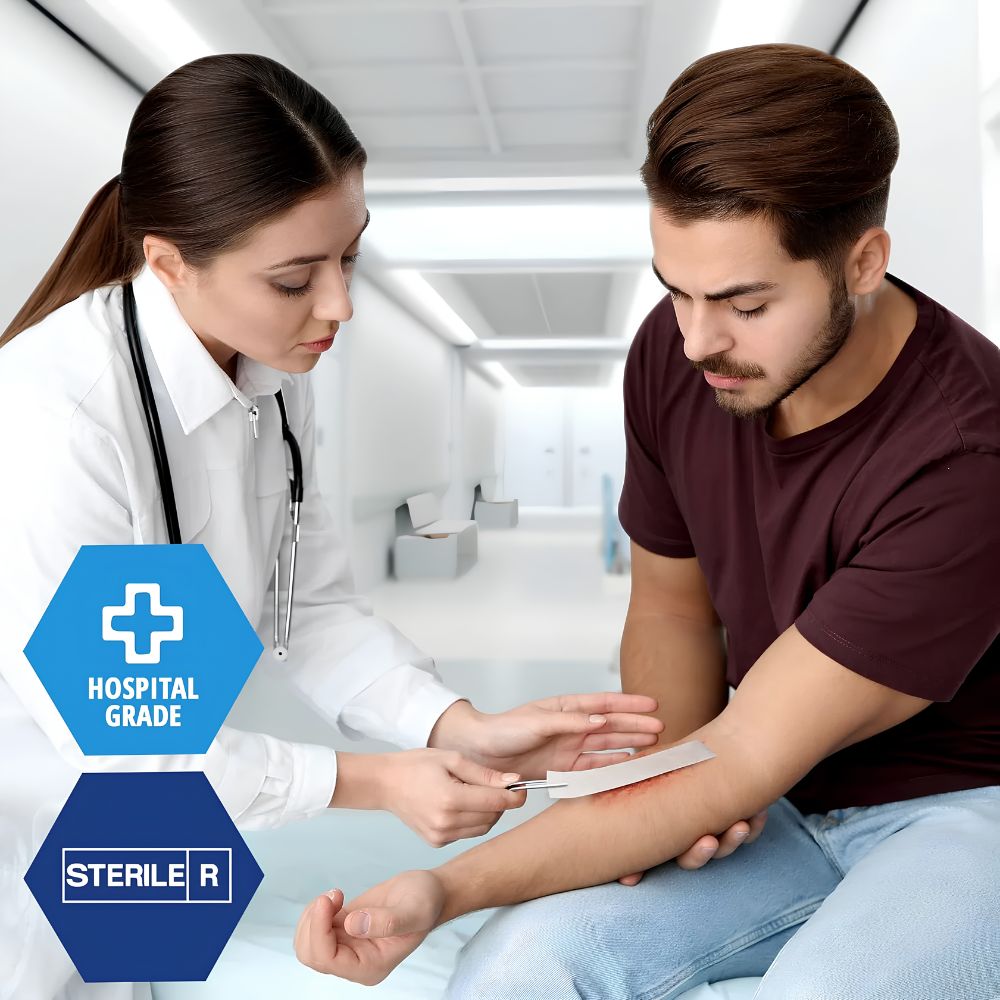 A female healthcare worker applies Shield Line's MedPride Calcium Alginate Rope Dressing, a sterile hydrophilic wound care product, to a man's forearm in a medical facility. Hospital Grade and Sterile icons appear in the foreground.