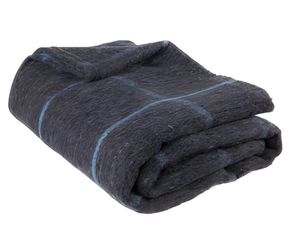 The Manhattan Hosiery Co. Fire-Resistant Prison Blanket in grey with blue stripes, shown folded on a white background, is ideal for correctional facility bedding.