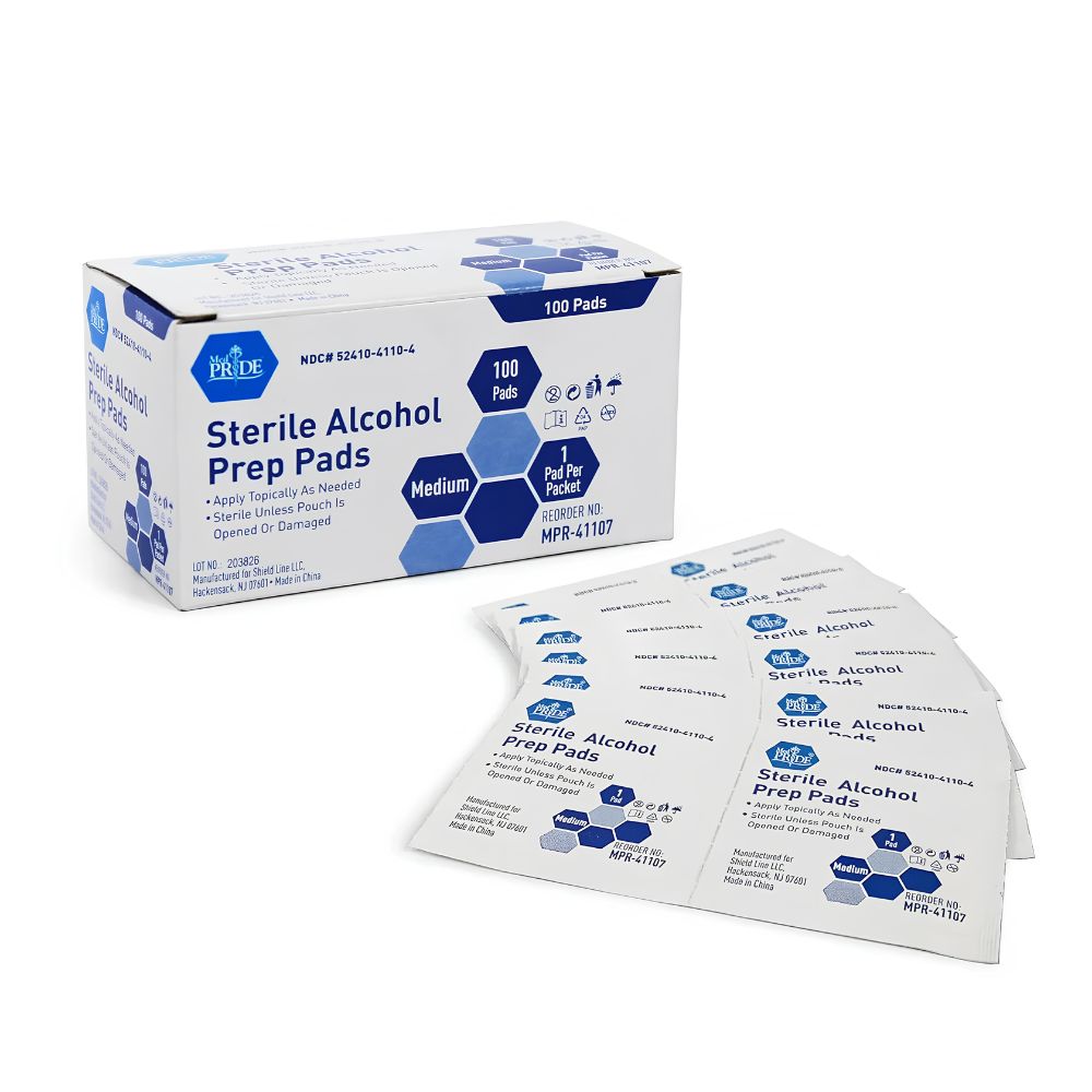 A box labeled “MedPride Sterile Alcohol Prep Pads” from Shield Line, containing 100 sterile pads, sits beside several individual antiseptic wipe packets. The mostly white packaging features blue accents and text.