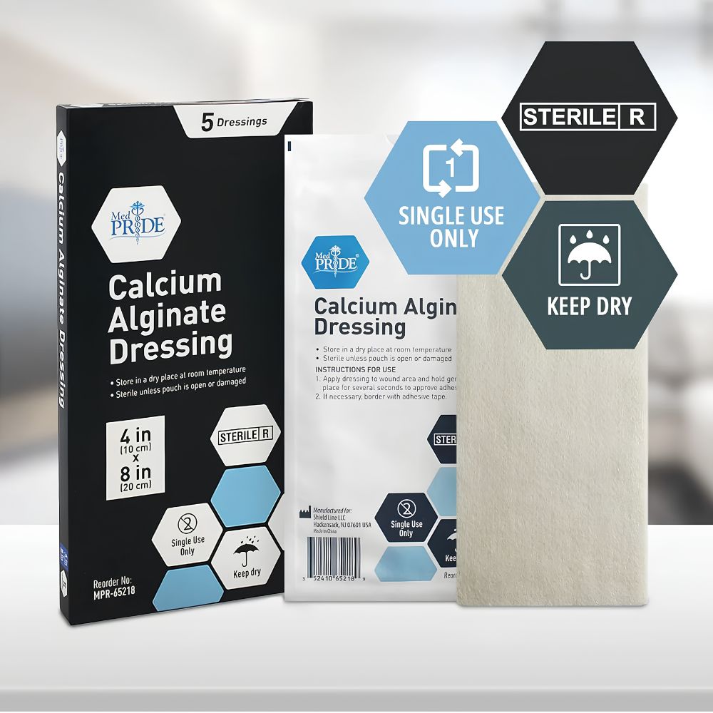 Shield Line MedPride Calcium Alginate Dressing Pads (2"x2”, 4.25"x4.25”, 4”x8”) are shown in blue, white, and black packaging with symbols for Sterile, Single Use Only, and Keep Dry. One highly absorbent dressing is visible for advanced healing.