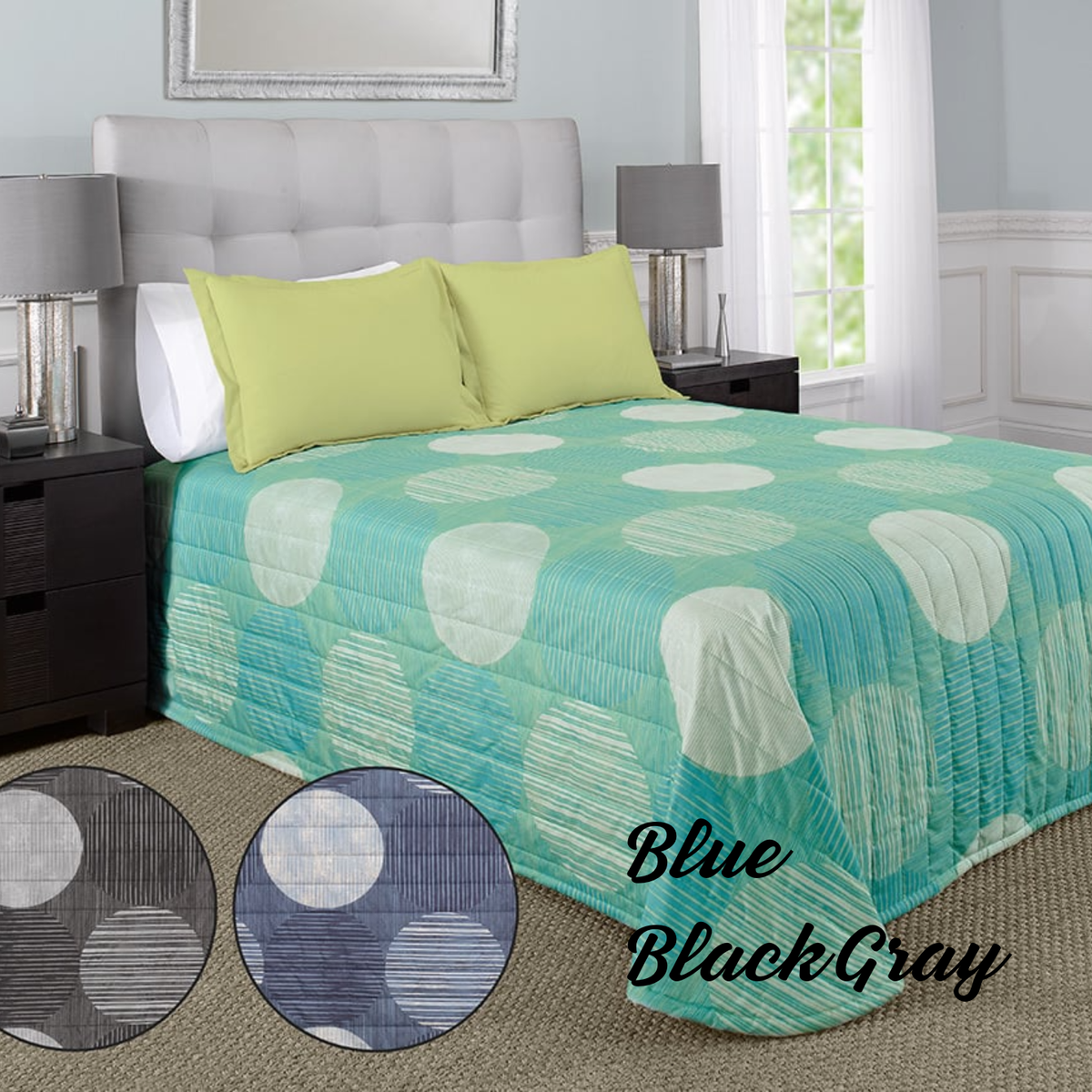 A neatly made bed features a blue WestPoint Home comforter with large white circles, two pale green pillows, and dark bedside tables. Inset images display the WestPoint Hospitality comforter in black and gray pattern options.