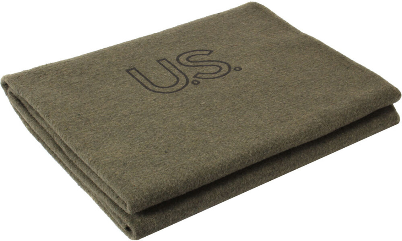 The Wool Blankets U.S.Wool Blanket by Wool Blankets features olive drab wool neatly folded, with "U.S." printed in black on top, evoking classic US Army style.