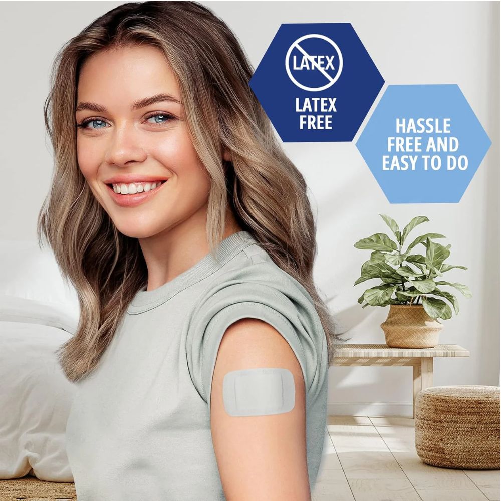 A smiling woman with long hair indoors shows a Shield Line Medpride Gauze Island Dressing (2"x3.5", 4"x4", 6"x6", or 6"x8") on her upper arm. Text reads Latex Free, Hassle Free, Easy to Do. A potted plant is in the background.