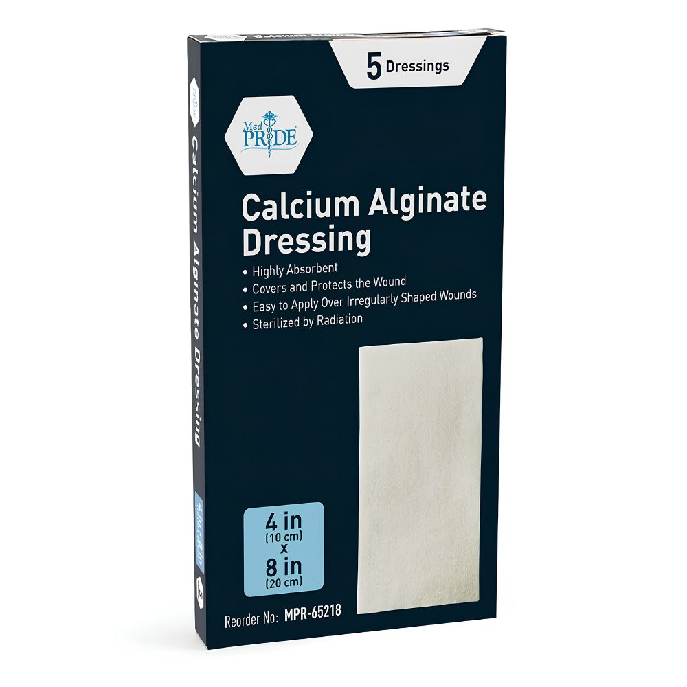 A box of Shield Line MedPride Calcium Alginate Dressing, 4”x8”, contains 5 highly absorbent pads for advanced wound healing and irregular wounds. Also available in 2”x2” and 4.25”x4.25” sizes.
